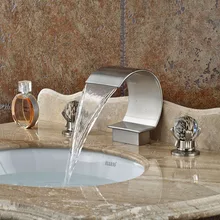 Deck Mount Brushed Nickel Luxury Bathroom Waterfall Mixer Taps Dual Handle Basin Sink Faucet Dual Cristal