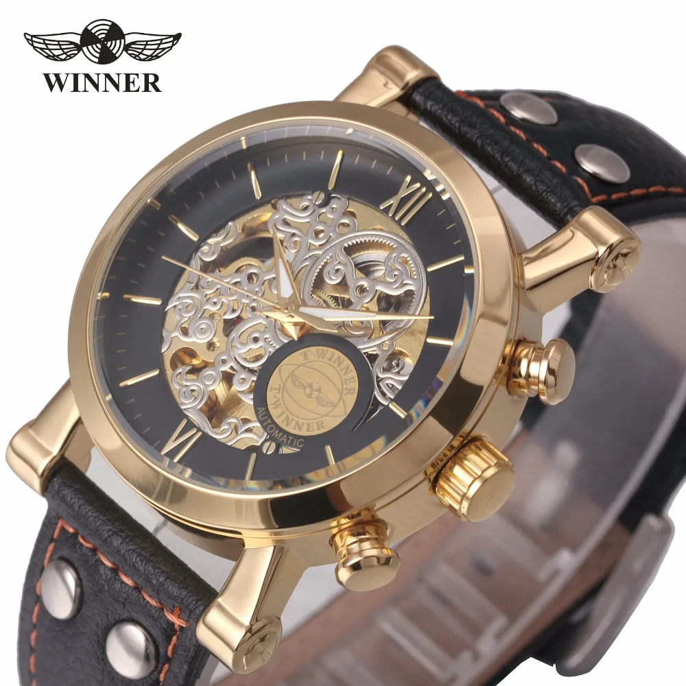 

WINNER Dress Fashion Men Skeleton Automatic Mechanical Watch Leather Strap Planet Pattern Golden Roman Number Fashion Wristwatch