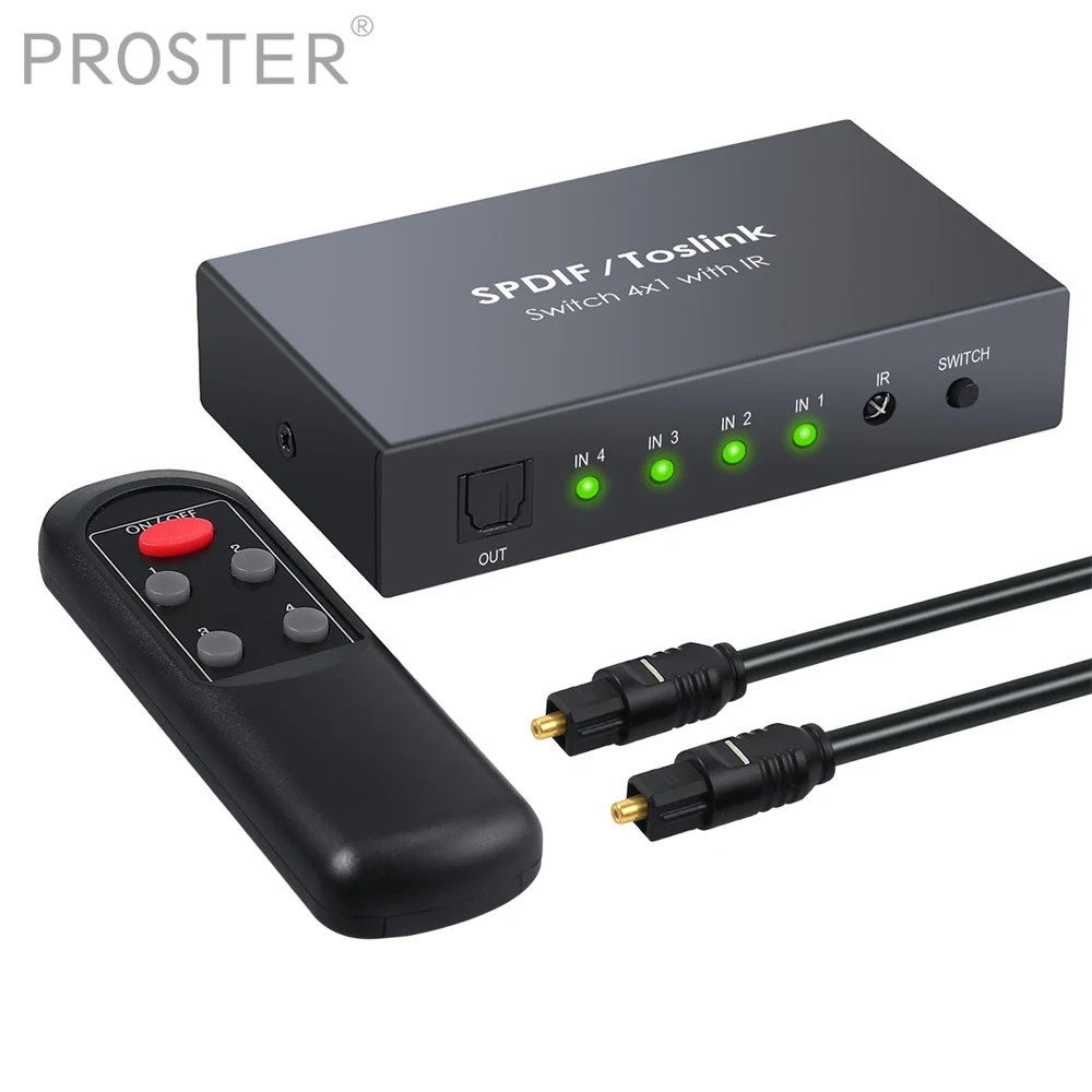 

PROSTER Toslink Switch 4X1 Optical DTS AC-3 Audio Switcher 4 port Toslink Switcher Remote Control Support PCM2.0 DTS Dolby-AC3