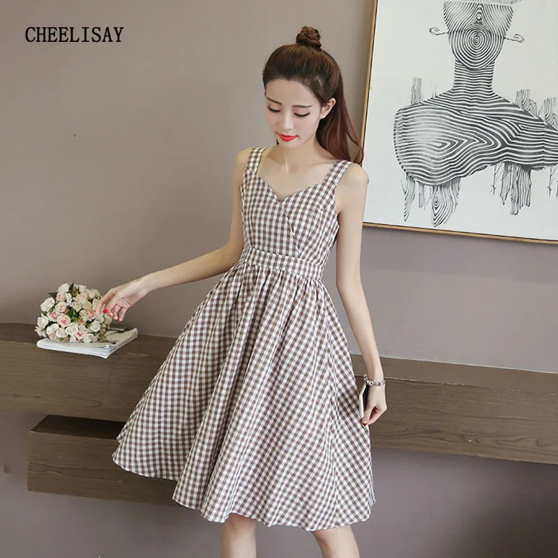 

Girl Vintage Sundress Spaghetti Strap Ruffles V Neck Elastic Waist Black White Two Colors Ladies Chic Slim Plaid Dress