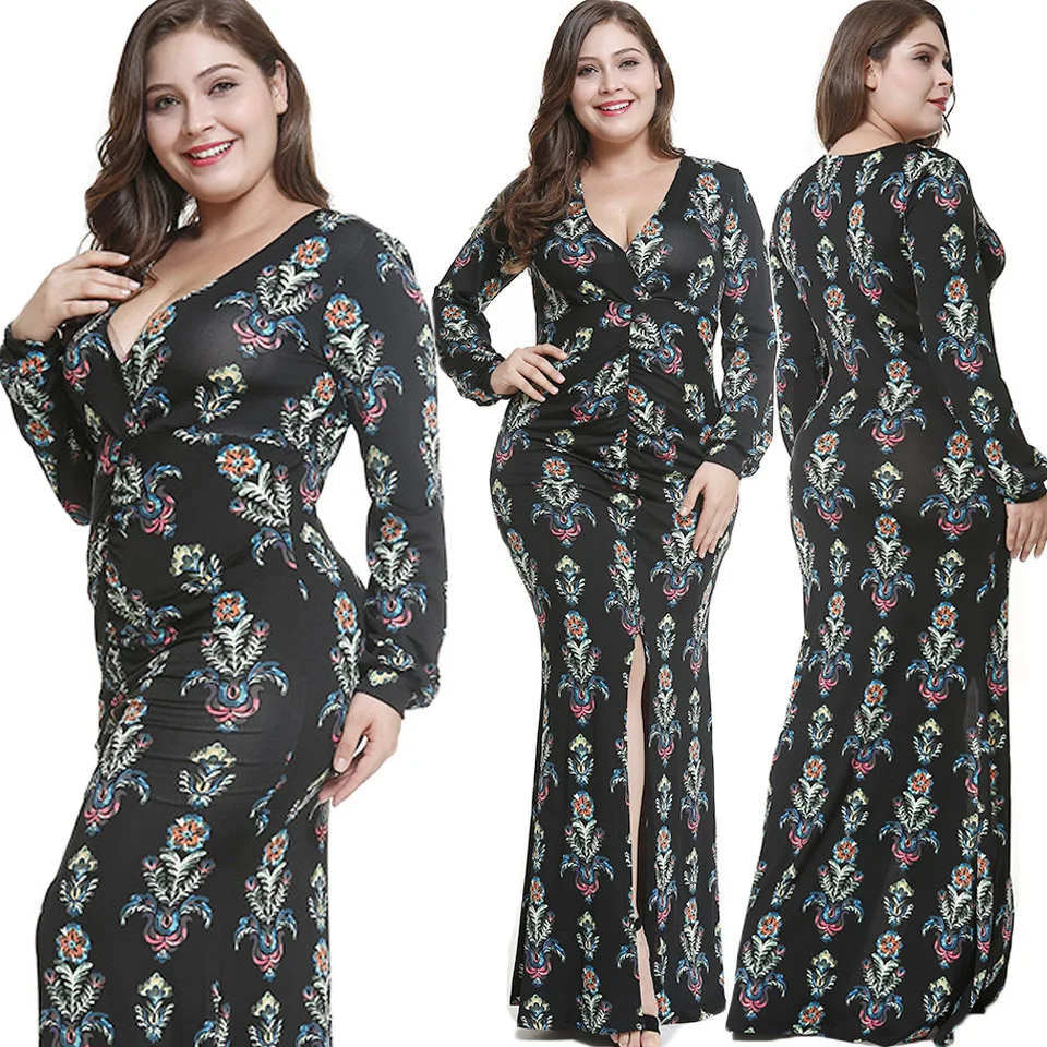 

2018 new boho style large size dress print big v slit long female autumn and winter new