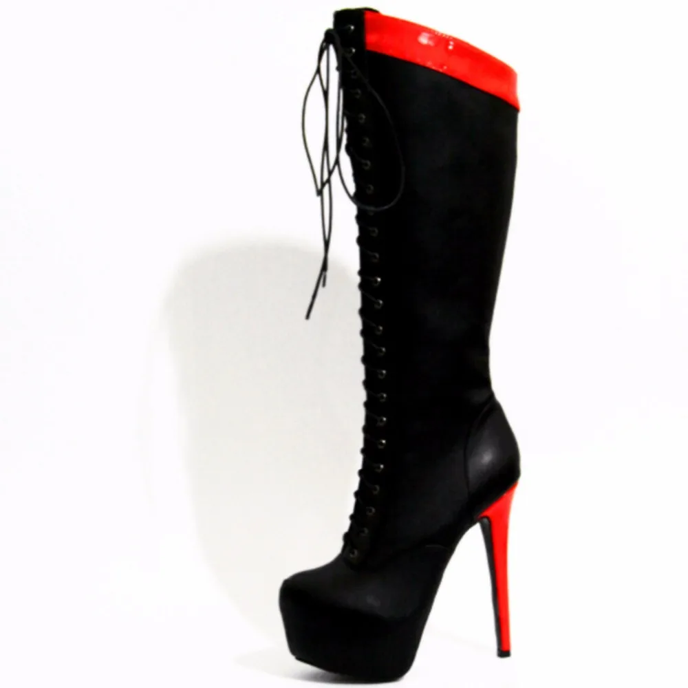 

Elegant and sexy black leather built-in 4.5 cm high water table with 16 cm high heel boots. Size: 35-43