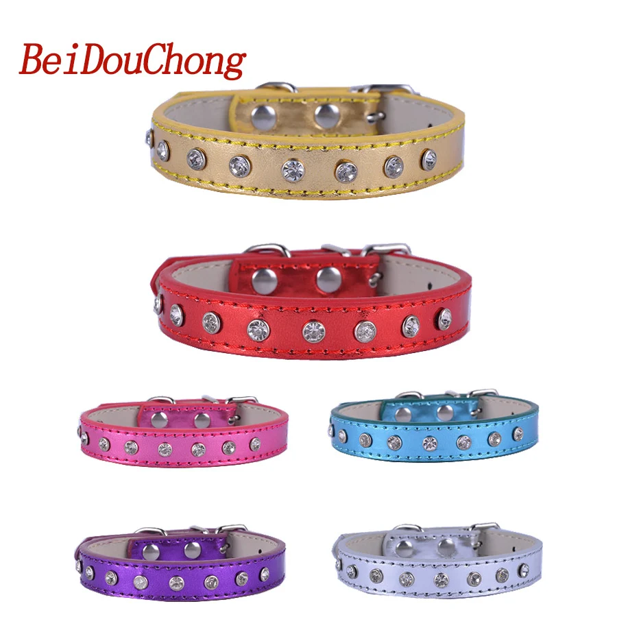 

Wholesale Crystal Studded Dog Collar Rhinestones Red Pink Purple Blue Gold Sliver Pu Leather Pet Dog Supplies