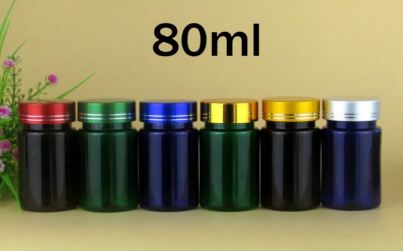 Баночки для таблеток шт. 80 мл 100/капсулы/таблетки/порошок/витамин пластиковые бутылки, образцы бутылок-различные цвета с металлическими колпачками