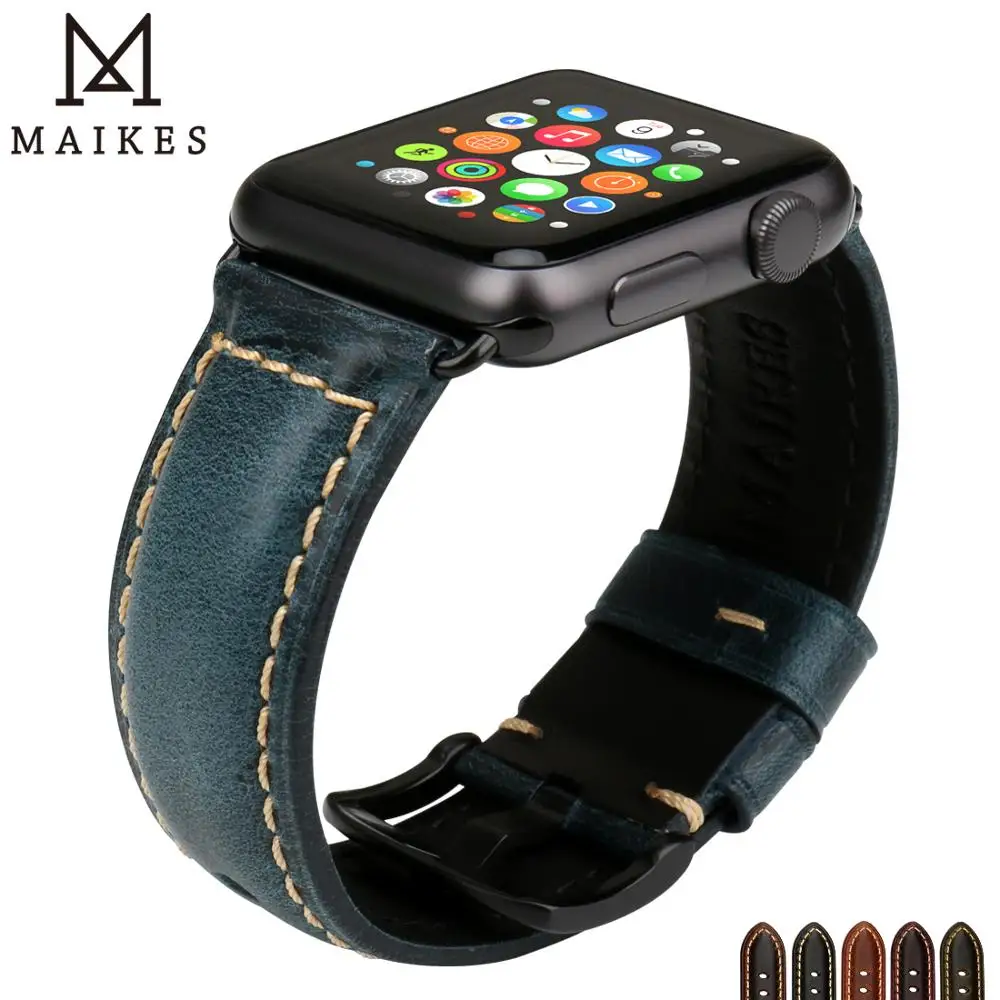Ремешок MAIKES кожаный для Apple Watch 38 мм 42 Series 4 3 2 1 винтажный браслет наручных часов 44 40