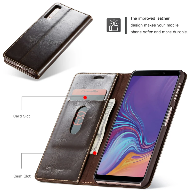  Luxury Glossy Leather Cover For Samsung A7 2018 A750 Wallet Card Flip Phone Case For Samsung Galaxy