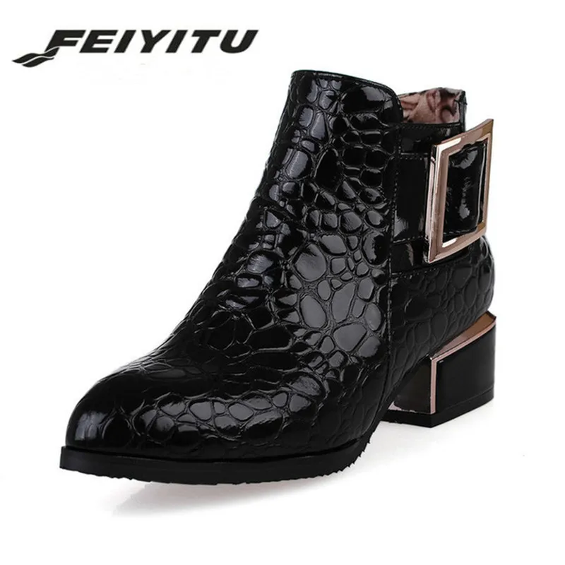 

feiyitu Women Boots Autumn Winter Martin Shoes High Heel Zip Pointed Toe Ankle Boot 2018 New Sexy Fashion Patent-leather Black