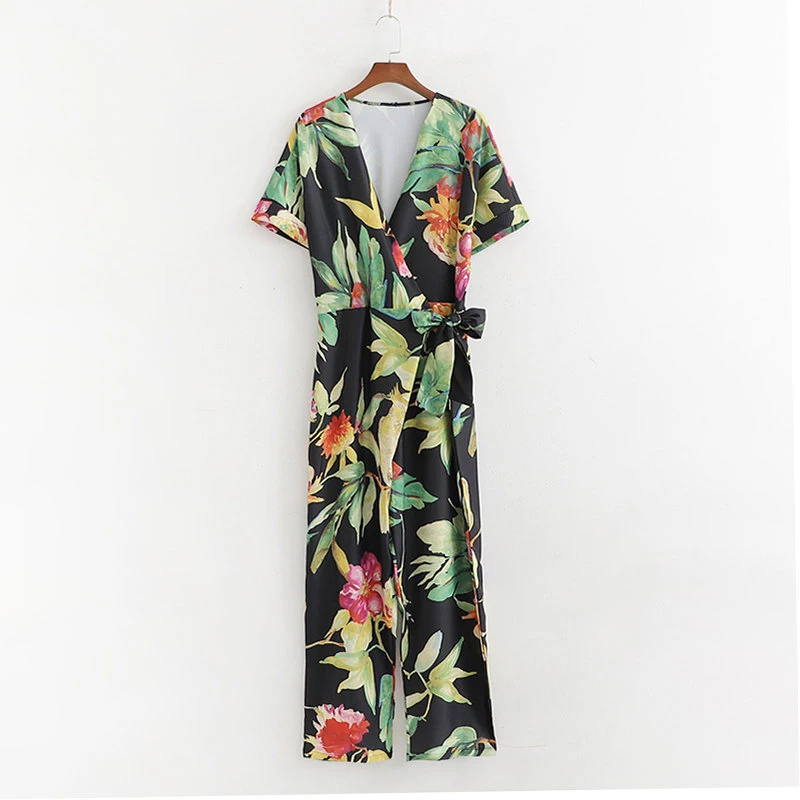 

Women Fashion Summer Long Straight Boho Jumpsuit 2019 Women-s Floral Print Bohemian Adjustable Waist Bodysuit combinaison femme