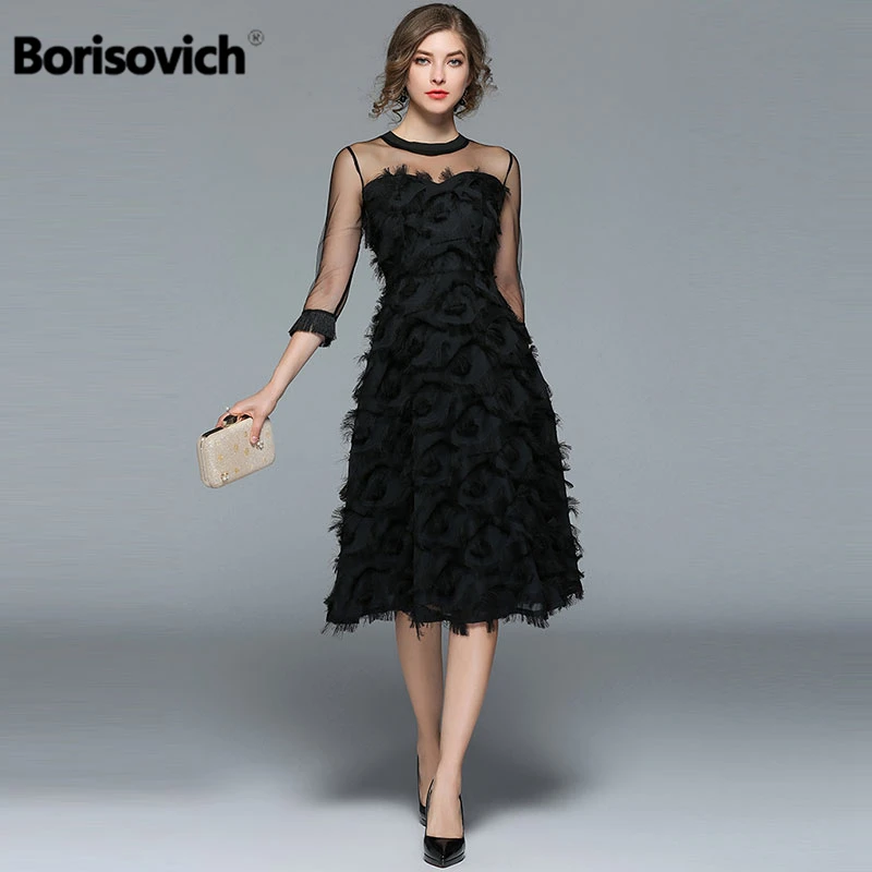 Borisovich Luxury Women Evening Party Dresses New Arrival 2017 Spring Fashion Tassel O-neck Elegant Black Female Dress M070