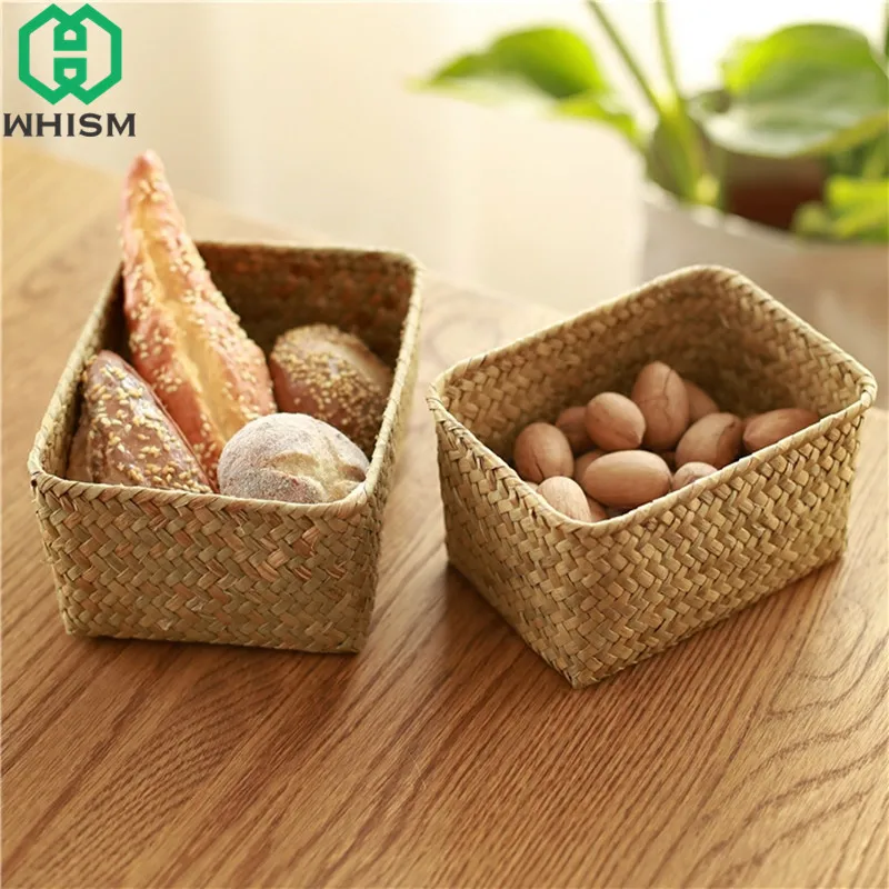 

WHISM Straw Storage Basket Handmade Groceries Storage Box Woven Sundries Container Rattan Jewelry Box Seagrass Makeup Organizer
