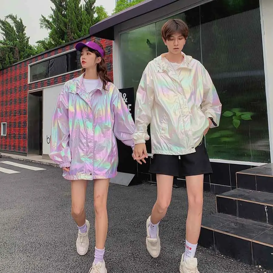 Summer Thin Laser Hip Hop Jacket Windbreaker Men Streetwear Harajuku Swag Hooded Jackets Gradient Sunscreen Couple Unisex Coats