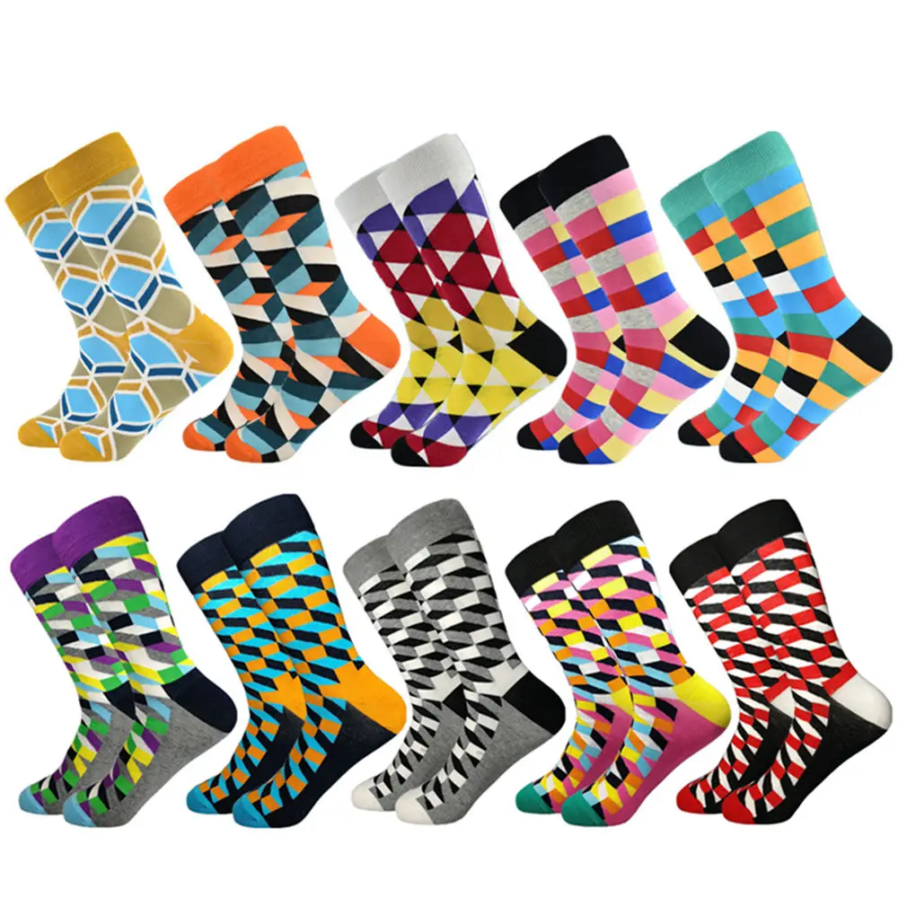 Горячая Распродажа повседневные мужские носки новые носки Осень и зима клетчатые Цветные счастливые деловые вечерние Хлопковое носки мужские - Цвет: 10 pairs of socks