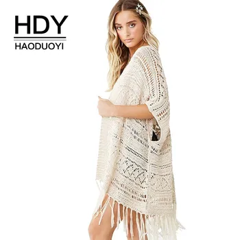 

HDY Haoduoyi New Knit Hollow Out Open Stitch Breaf Tops 2019 Spring Summer Fashion Solid Tassel Symmetrical Loose Women Coat