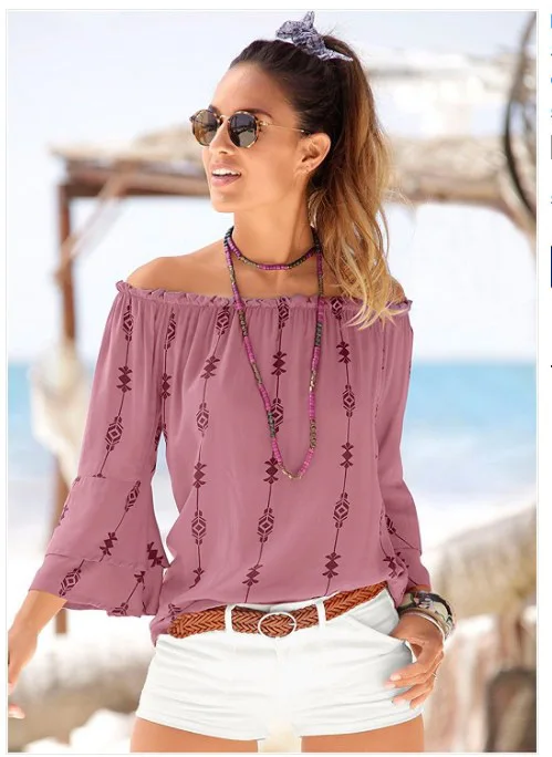 

Sexy one-Neck Bell sleeve T Shirt Summer Women Off Shoulder print t-shirt Casual Loose Ladies T-Shirt Tops