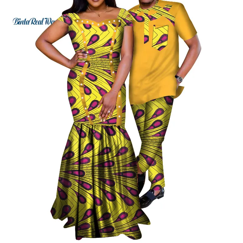 Африканские платья для женщин Bazin Riche мужские комплекты рубашка и брюки для влюбленных пар одежда с принтом длинное платье африканская одежда WYQ210 - Цвет: 5