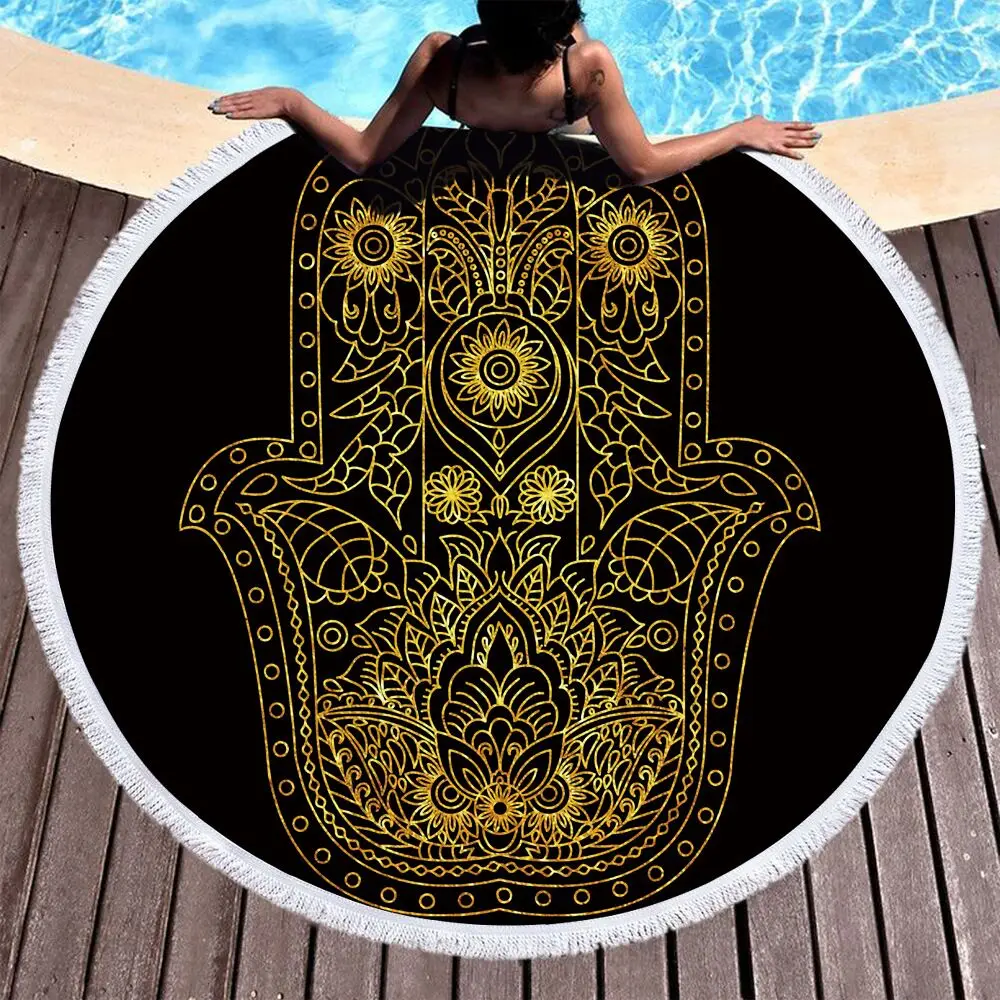 

150cm Microfiber beach towel Round beach mat soft bath towel bathrobe towel picnic mat religious geometry hot sale free Shipping