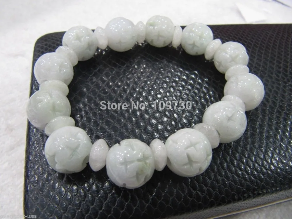 

00975 FINE Certified A Grade Jade (Aqua jadeite) Round Carved Bead Bracelet