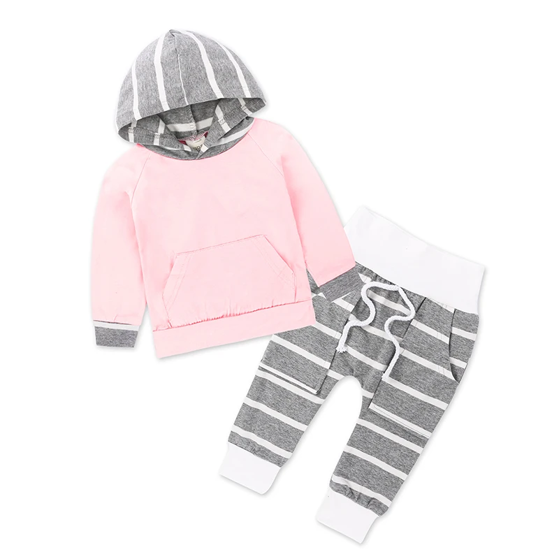Модная Милая Одежда для новорожденных девочек; толстовка с капюшоном; штаны в полоску; комплект из 2 предметов; хлопковый спортивный костюм для малышей; комплект; dbc042