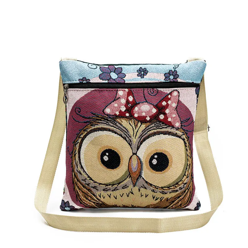 

new creastive animal printing Embroidery messenger bag brand lady owl linen shoulder bags casual leisure shoulder bag