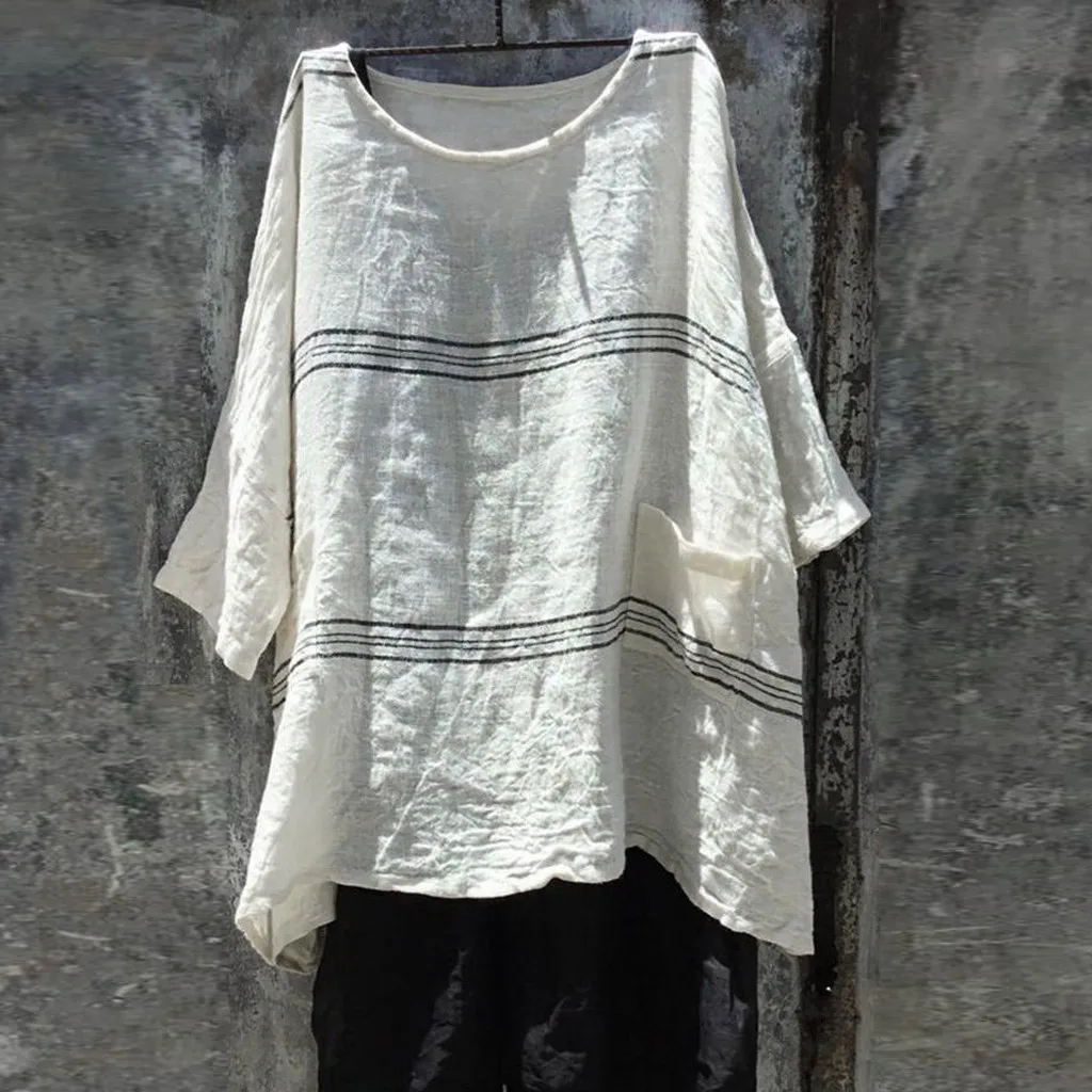 Женская Полосатая блуза с принтом из хлопка и льна коротким рукавом круглым