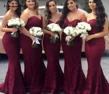 

Burgundy Mermaid Bridesmaid Dresses 2018 Sweetheart Backless Lace Long Wedding Guest Gowns Custom Made estido de festa longo
