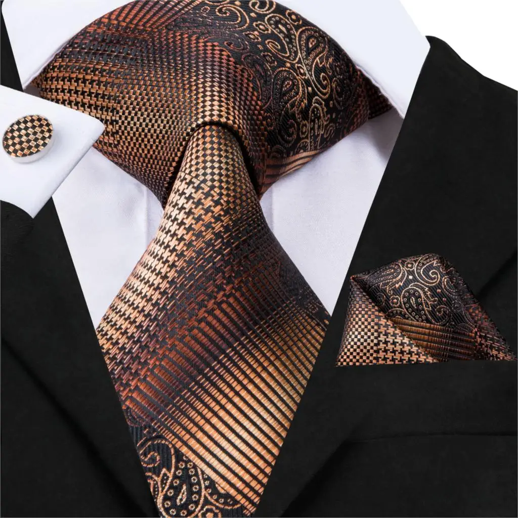 Hi-Tie Designer 100% Silk Tie Luxury Brown Striped Plaid Ties for Men Wedding Business Necktie and Pocket Square Set SN-3077
