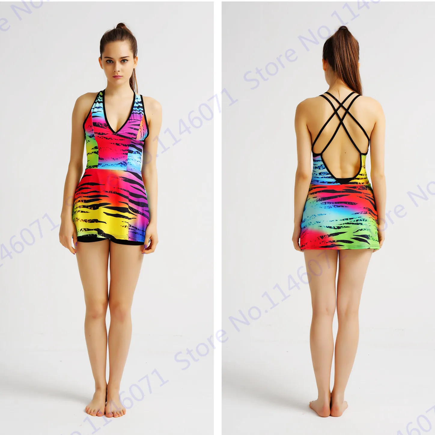 Summer Rainbow Spaghetti Strap Tankini Tops Sexy V Neck Back Cross Bikini Tank Top Sleeveless