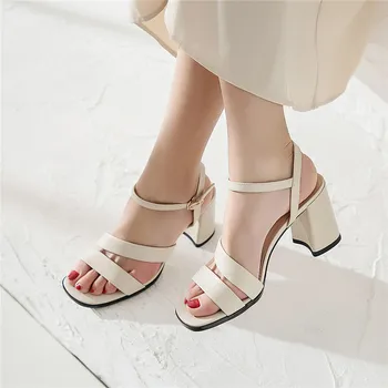 

YMECHIC 2019 Narrow Band Apricot Beige Block High Heel Open Toe Heels Sandals Women Upper Leather Party Womens Shoes Summer