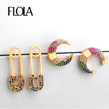 FLOLA CZ Crescent Moon çıtçıt emniyet pimi çiviler küpe Aretes De Moda gökkuşağı 24k altın takı kadın ucuz damızlık küpe ersq38