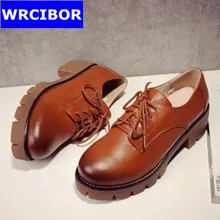 2017 NEW vintage Women Oxford shoes Genuine leather Cow Muscle bottom high heels shoes comfortable thick heels women pumps shoes