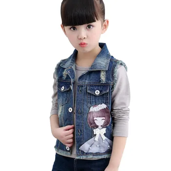 

Children Vest Denim Ripped Coat Girl Denim Waistcoat Girls Sleeveless Jean Jackets For Kids Cartoon Girl Decoration 2-10 Years