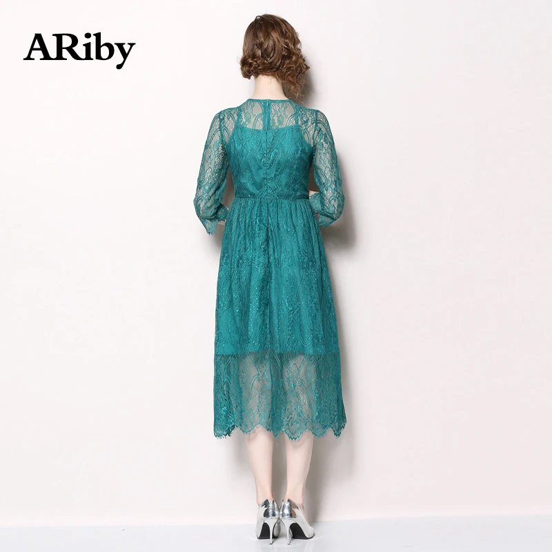 Women Dress Plus Size Party Club Lace Dress 2019 Temperament Retro Hollow A-Line Solid Three Quarter Sleeve Empire O-Neck Dress