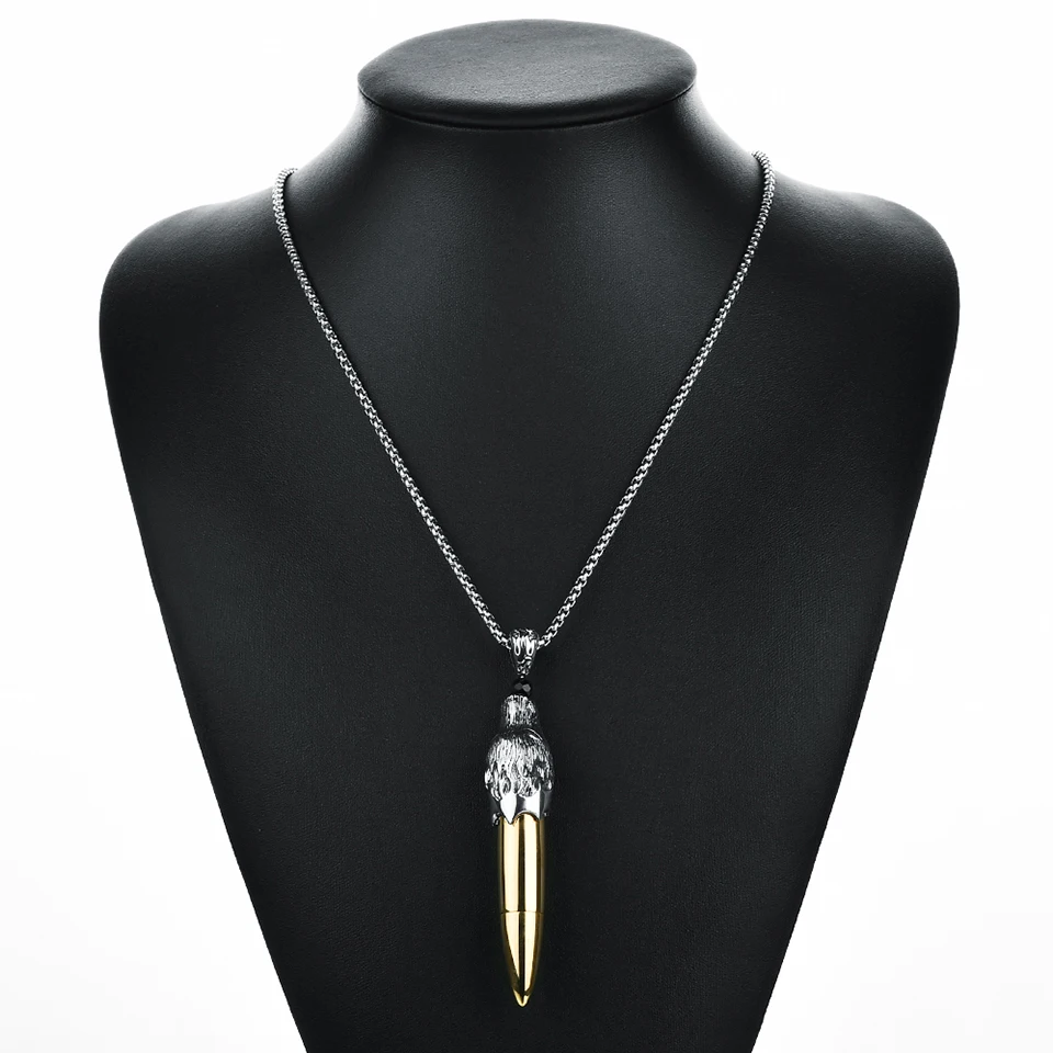 YANGQI Stainless Steel Wolf Head Bullet Pendant Necklace Silver Chain Openable Animal Souvenir Bullet Pendant Statement Jewelry