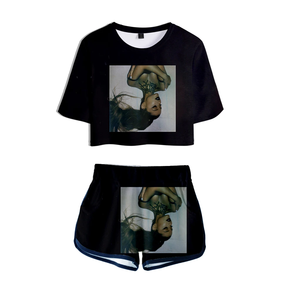 Модная женская футболка с пупком, 3D принт, Ариана Гранде, комплект из двух предметов+ короткие штаны, летняя футболка с пупком, комплекты для отдыха для девочек