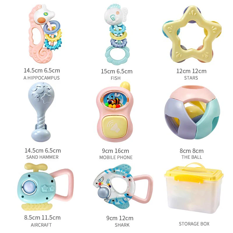 BEI JESS 8Pcs Baby Rattles 0-12 Months Plastic Mobiles hand Bell Teether Combination Toy For Newbron Baby Gift