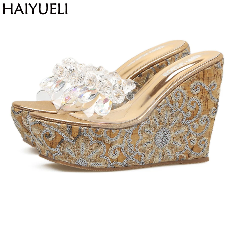 

Sandalias Mujer 2018 Plataforma Summer Style Beaded Rhinestone Sandals 12cm Women Beach Sandals Fashion Flip Flops