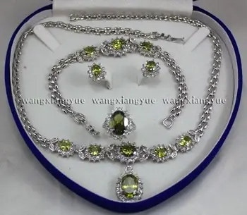 

Charming!Peridot Inlay Link Bracelet earrings Ring Necklace Set Quartz Fine Bridal wide watch wings women queen