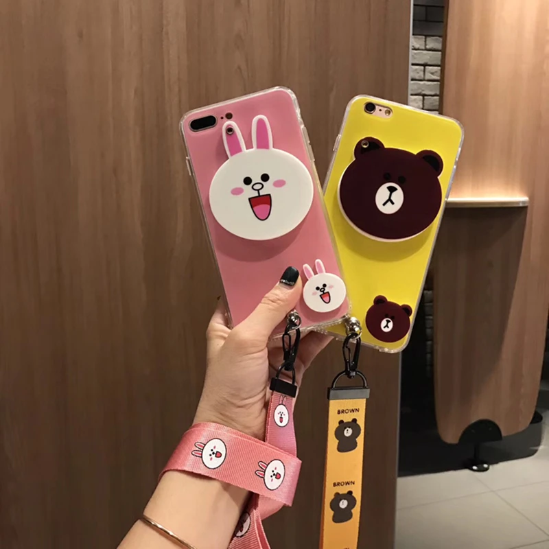 Aoweziic Bear rabbit 6S mobile phone shell 7plus silicone sleeve For iphone X XS simple 8Plus female lanyard mirror shell
