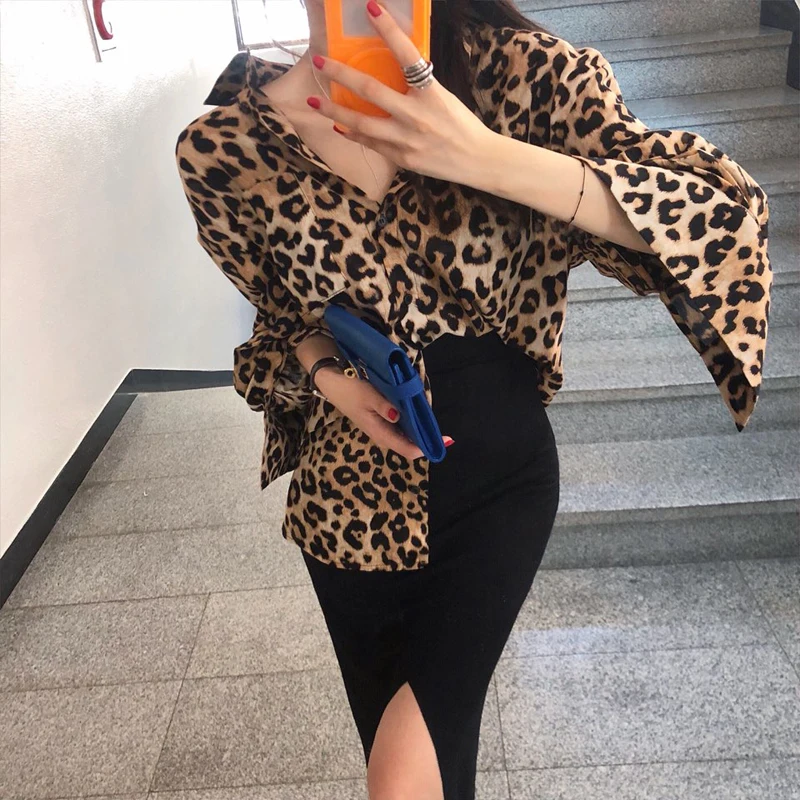 Сексуальная Блузка с отложным воротником и леопардовым принтом, Женская однобортная рубашка с длинным рукавом, свободные женские блузки, Осенние Блузы