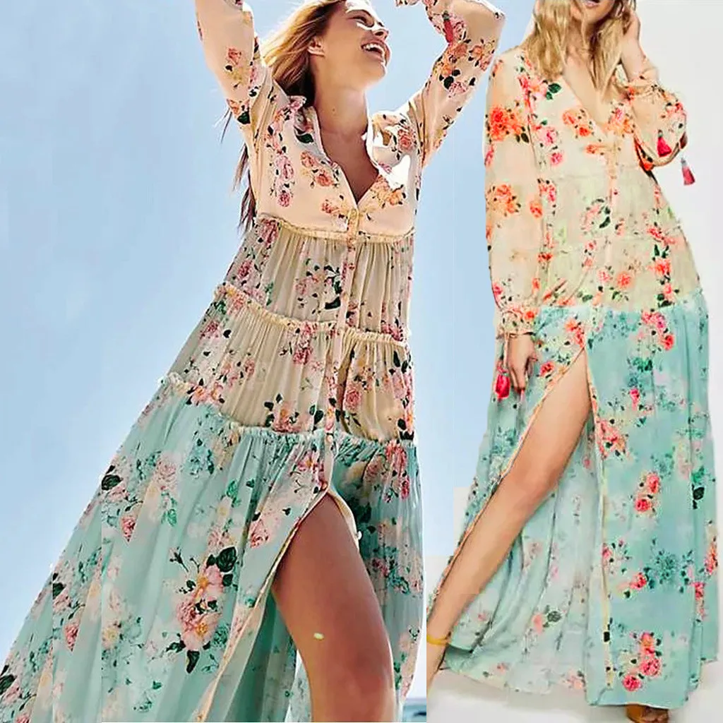 

Fashion 2019 summer dress robe femme Boho Women Holiday Ruffle Maxi Sundress Print Long Split Maxi party dress vestidos #19709