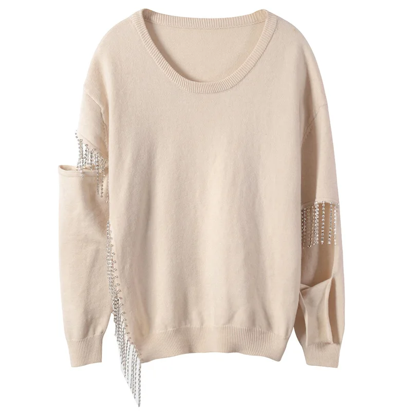 De Tricoté Luxe Cristal Embellissements Chandail Beige Femmes Hiver Cut Vêtements Cristaux Jumper noir Out Swishy Pulls 2018 Femelle 5jRL43A