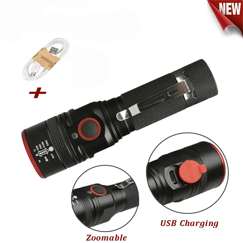 

KARRONG USB Rechargeable Flashlight T6 Led Flash Light Zoomable 3 Modes Torch for 18650 with USB Cable Camping Fishing Running