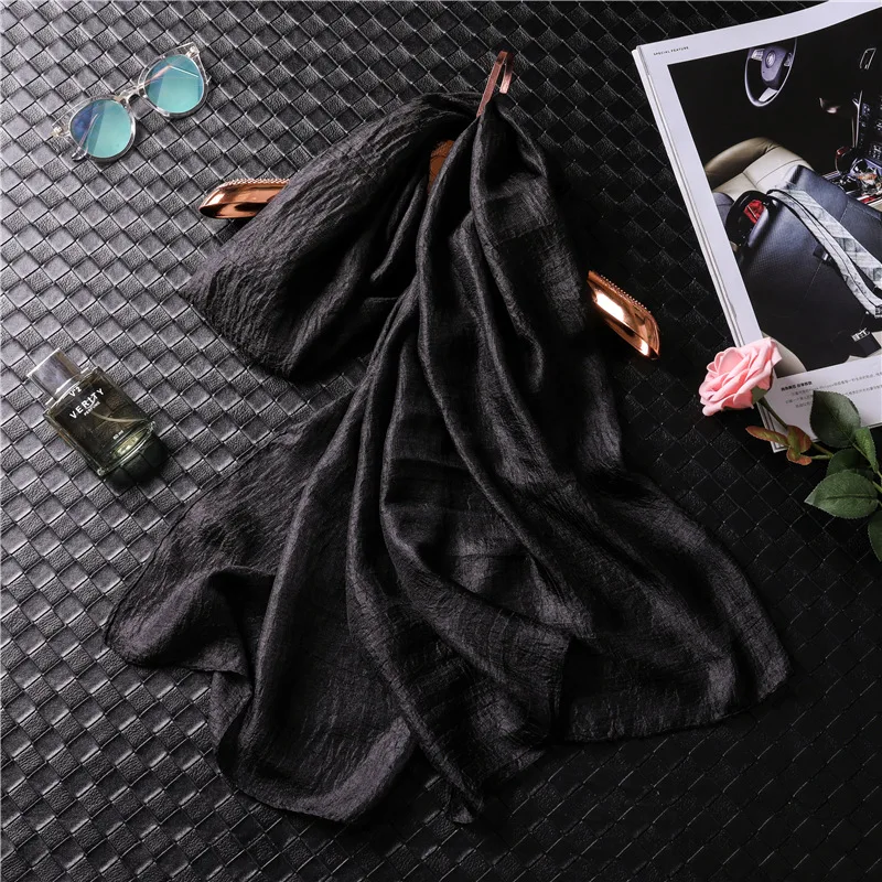 Модный женский шелковый шарф, однотонный, Пашмина, хиджаб, женский платок, пляжные шарфы, шали, накидка, мягкий платок на голову - Цвет: WJ22-Black