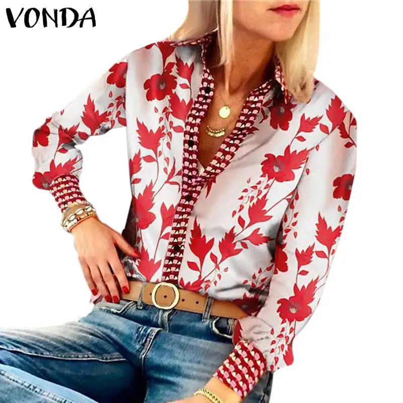 VONDA, женские винтажные блузки с цветочным принтом, рубашки, повседневные свободные топы размера плюс, сексуальные Блузы с v-образным вырезом и длинным рукавом - Цвет: Красный