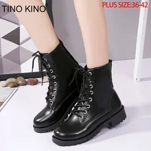 TINO KINO/женские осенние ботильоны на платформе; женская модная черная мотоциклетная Обувь На Шнуровке; женская обувь на толстом среднем каблуке; большие размеры