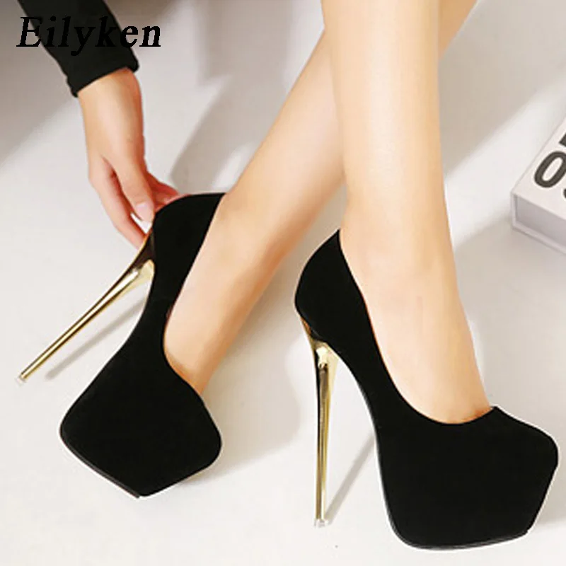 Eilyken Sexy Pumps Wedding Women Fetish Shoes Concise Woman Pumps Latform Very High Heel Stripper Flock Pumps 16 cm size 34-45