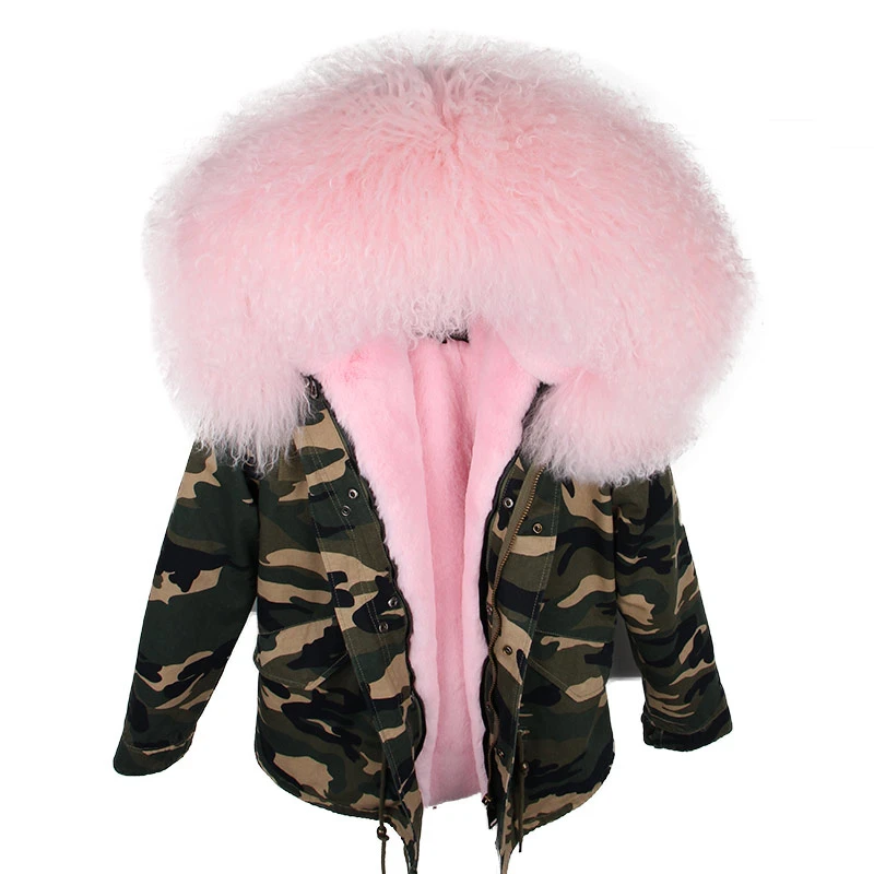 Parka Real Fur Coat Winter Jacket Women Real Mongolia Sheep Fur Parkas Thick Warm Luxury Detachable Outerwear Streetwear - Цвет: camo pink