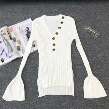 

New V neck Pullovers Woman Stretch Knitted Sweater Women Elastic Basic Tops