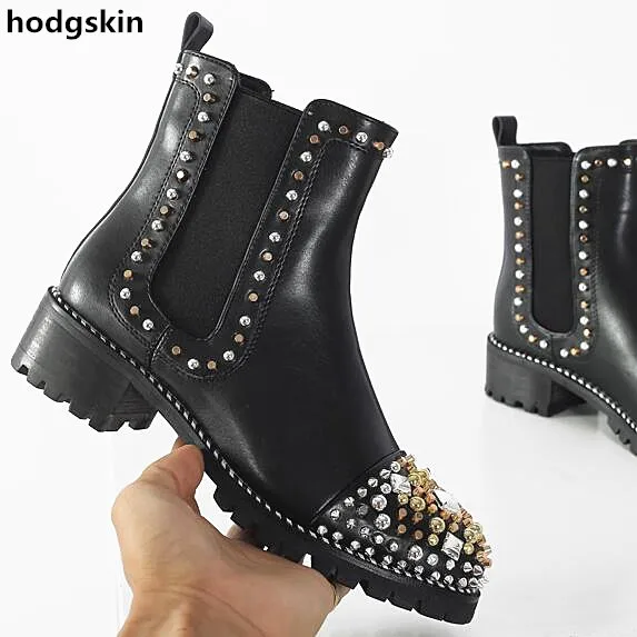 

Square Spikes Rivets Stud Round Toe Flats Martin Boots Women Ankle Botines Black Leather Slip On Elastic Rhinestone Shoes Woman