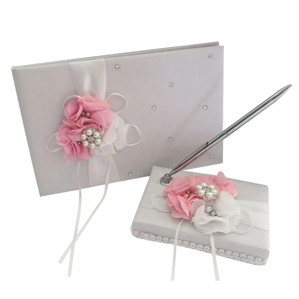 New Hot White Satin Flower Wedding Guest Book Signing Pen Set with Sweet Ribbon Beads SMD66